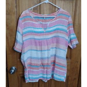 Joules Womens Linen Top Large Pink Striped Colorful Short Sleeve V Neck Pleated